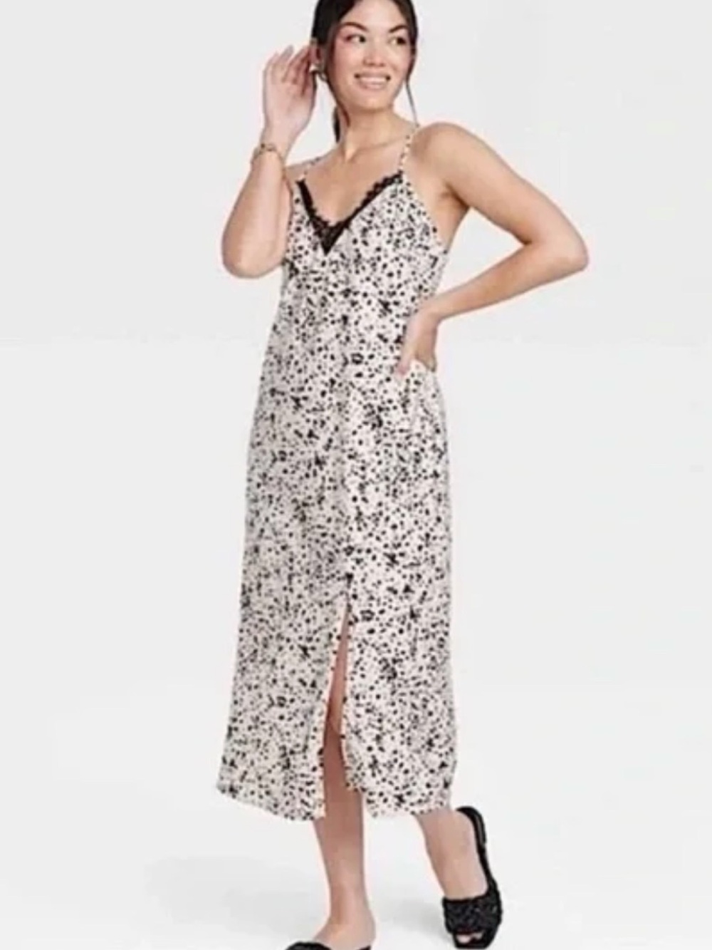 A New Day Spotted Slip Midi Dress with Lace Trim - Black/White